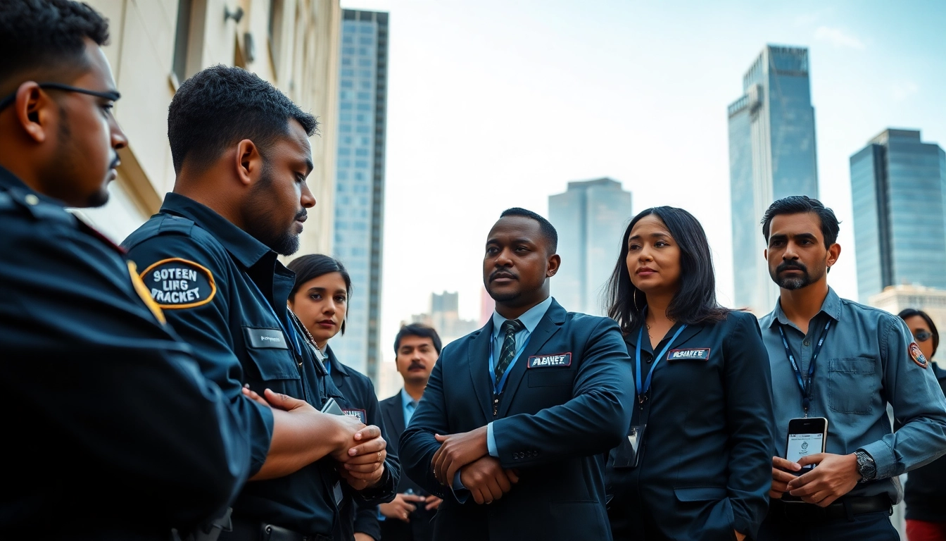 Private security team engaged in a strategy session against an urban backdrop.