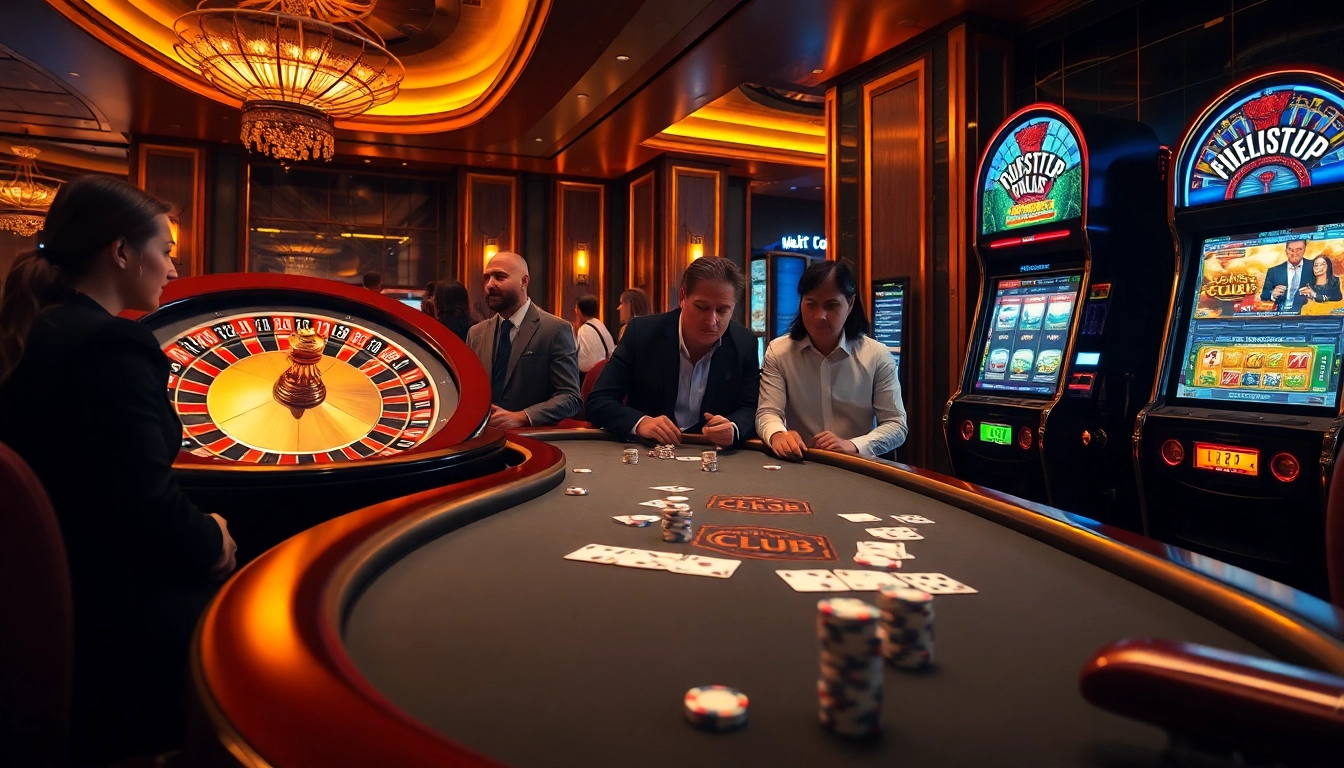 HITCLUB players engaging in exciting casino games with vibrant roulette and poker setups.