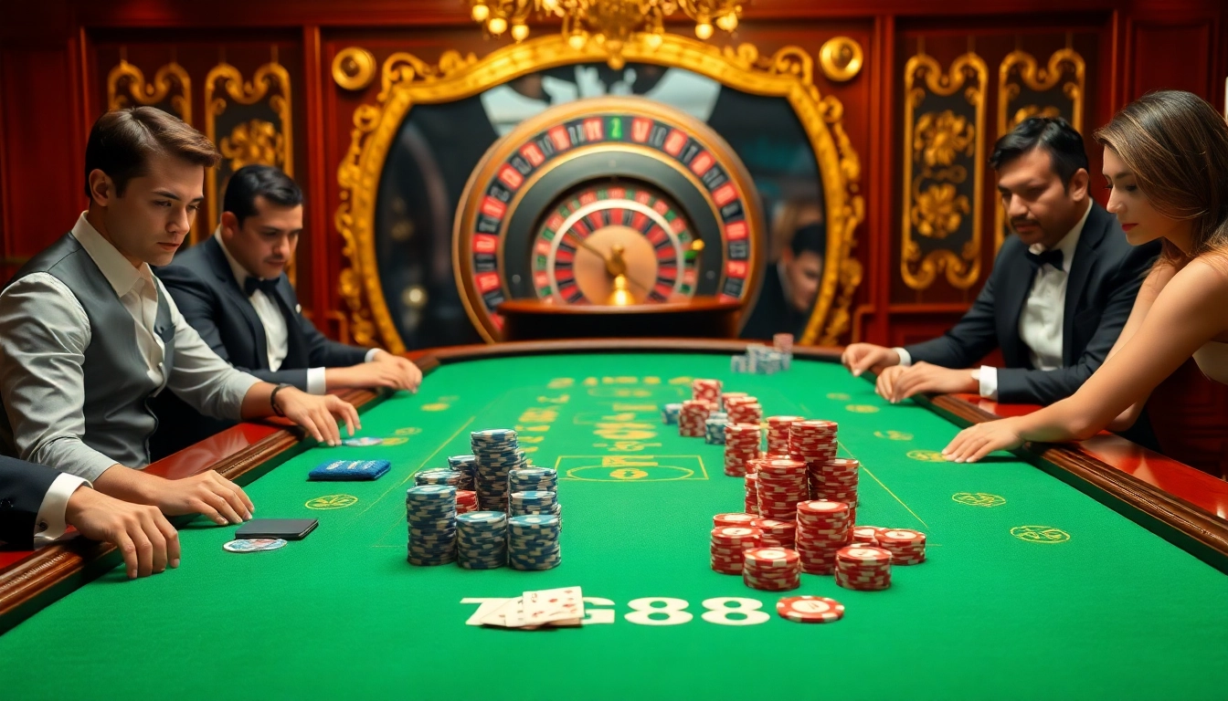 High-stakes poker scene featuring TG88 branding with colorful chips and cards in a luxurious casino.