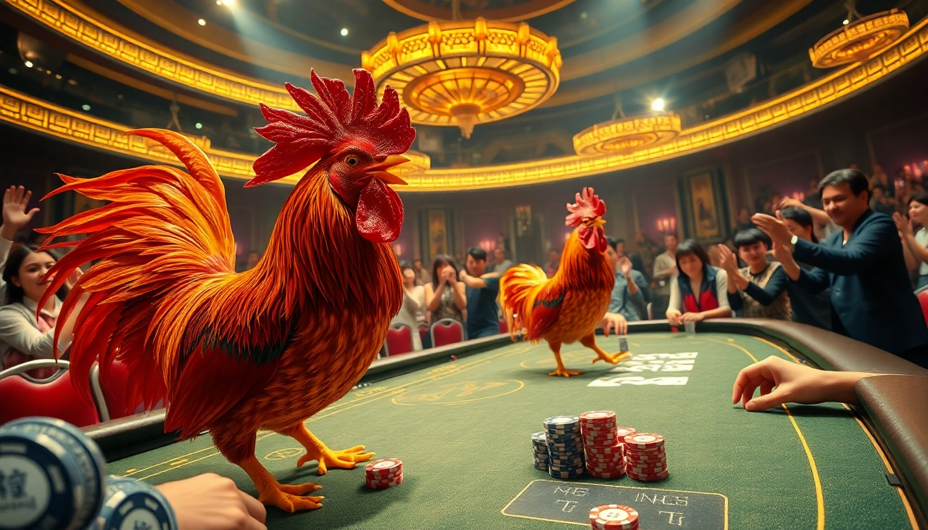 Energizing đá gà e2bet action with lively spectators and luxurious casino elements.