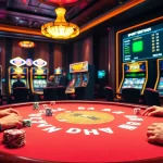 Exciting gambling action at PS99 casino with poker and slot machines in a luxurious setting.