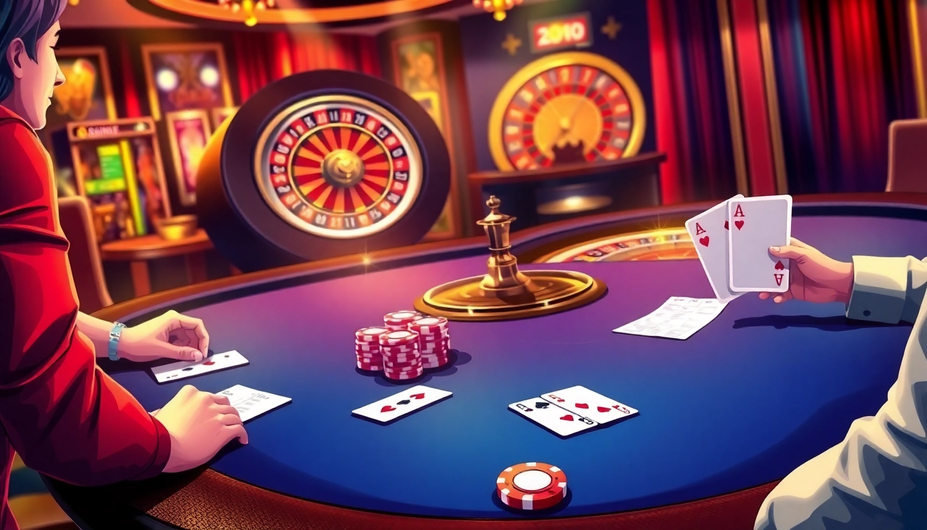 Players enjoying a thrilling game at the okking.group casino, featuring a luxurious blackjack table and roulette wheel.
