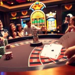 Engaging view of a luxurious casino scene featuring nhà cái S8 elements like roulette and slot machines.