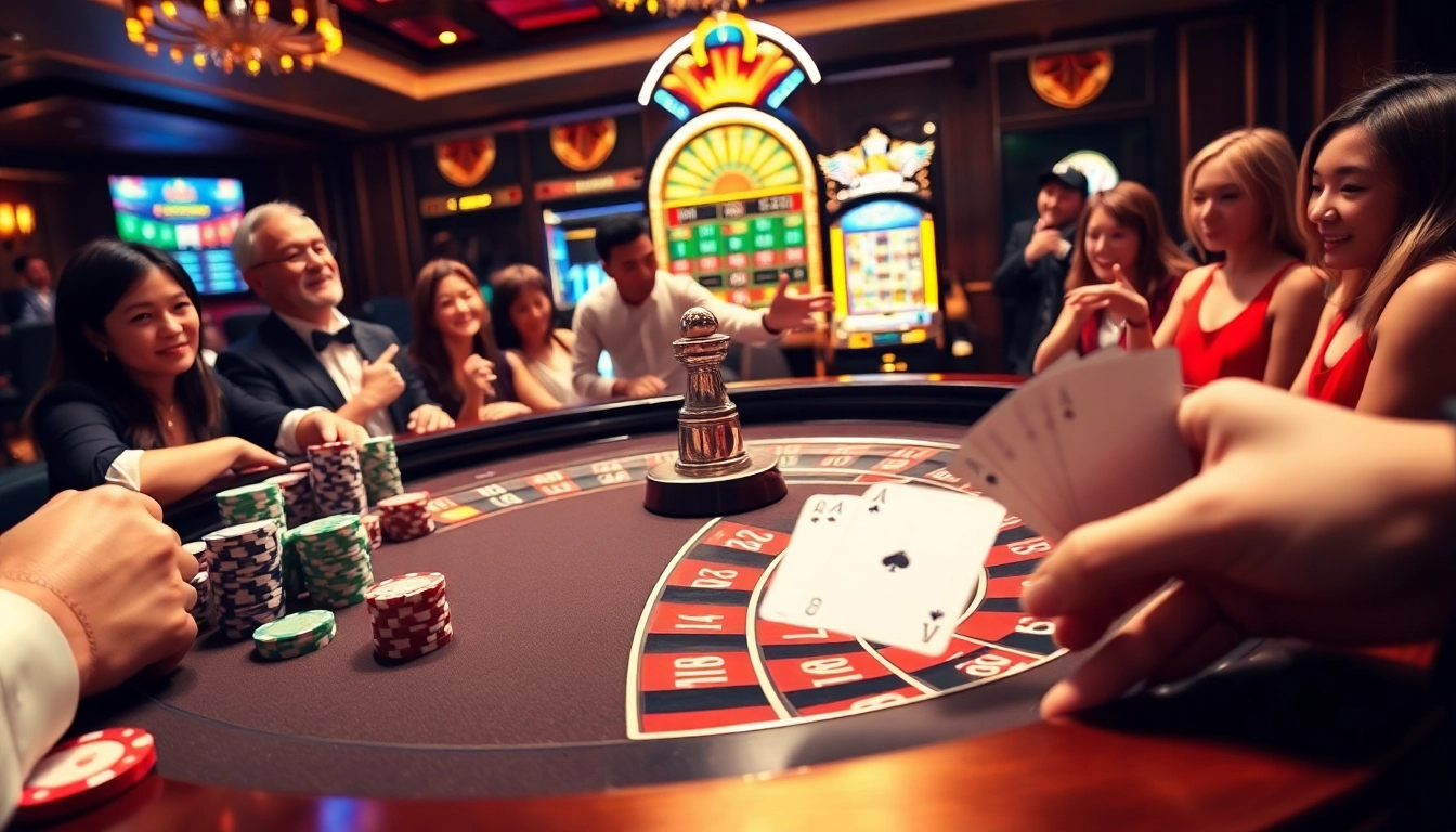 Engaging view of a luxurious casino scene featuring nhà cái S8 elements like roulette and slot machines.