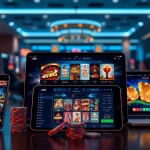 A vibrant online casino gaming experience showcasing A188 on multiple devices, featuring slots and table games.