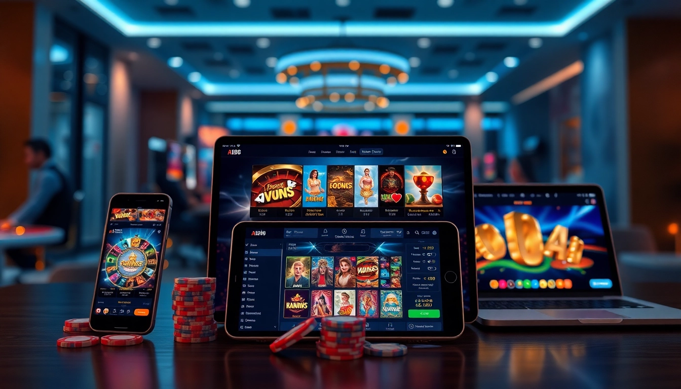 A vibrant online casino gaming experience showcasing A188 on multiple devices, featuring slots and table games.