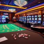 Kuwin online casino showcasing vibrant tables, slot machines, and gambling excitement.