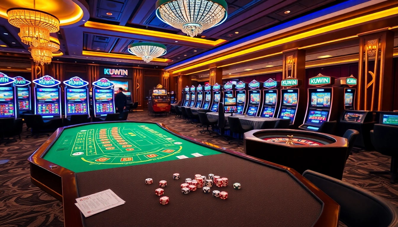 Kuwin online casino showcasing vibrant tables, slot machines, and gambling excitement.