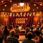 Celebration scene for Johnny Cash's birthday at johnnycashbirthday.com with vibrant atmosphere and lively attendees.