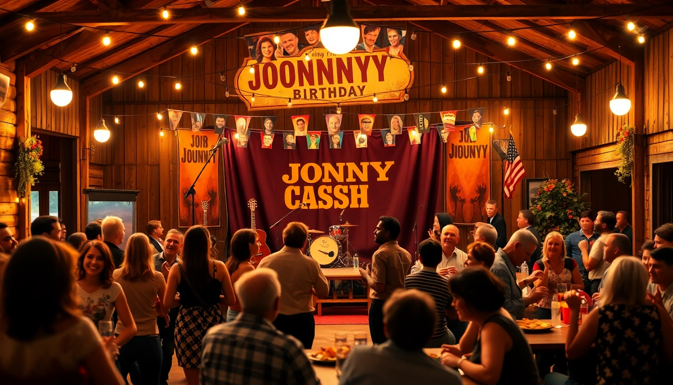 Celebration scene for Johnny Cash's birthday at johnnycashbirthday.com with vibrant atmosphere and lively attendees.