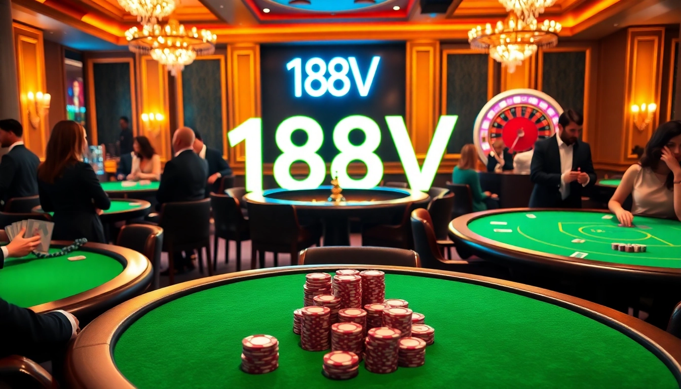 Playing poker with chips and cards at the 188V casino, showcasing a vibrant gaming atmosphere.