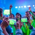 High-energy sports streaming scene representing joemadfan.com with fans engaging in live football matches.