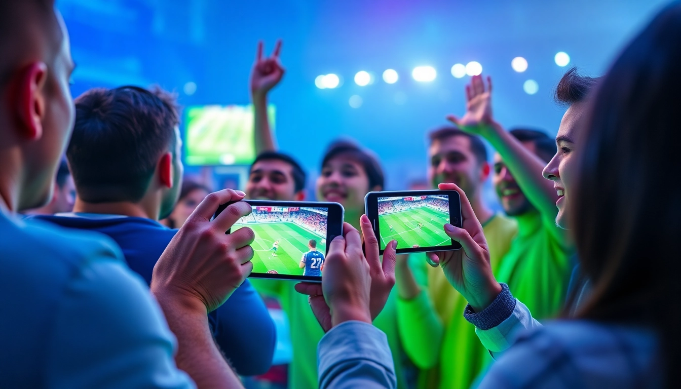 High-energy sports streaming scene representing joemadfan.com with fans engaging in live football matches.