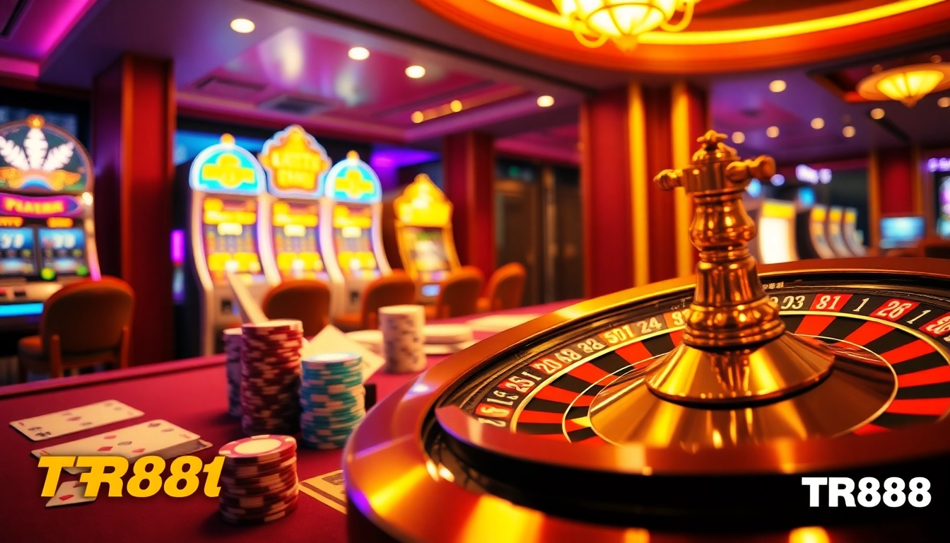 Experience high-stakes excitement with TR88 in a luxurious casino scene featuring vibrant gaming elements.