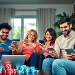 Players engaging with 55DD online betting on smartphones and laptops in a vibrant setting.