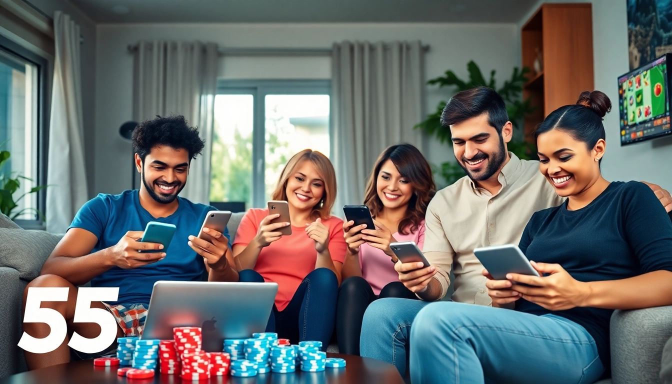 Players engaging with 55DD online betting on smartphones and laptops in a vibrant setting.