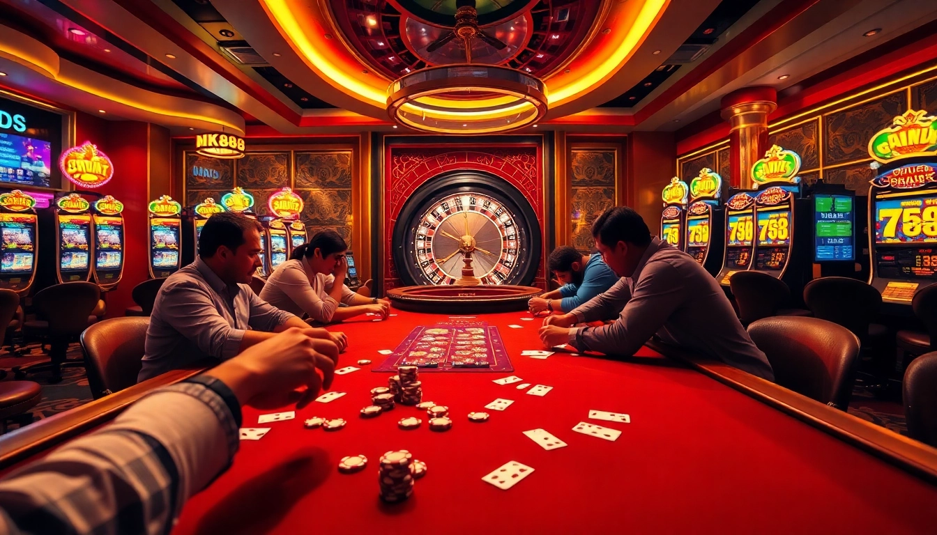 Players enjoying poker at nk88's casino table, surrounded by vibrant slot machines and roulette.
