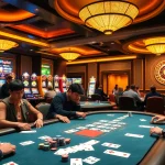 Players engaged in a thrilling poker game at ok9 casino with vibrant chips and cards.