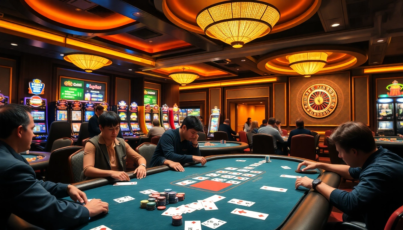 Players engaged in a thrilling poker game at ok9 casino with vibrant chips and cards.