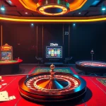 A dynamic scene showcasing the vibrant gaming atmosphere at 23win casino with roulette, poker, and slots.
