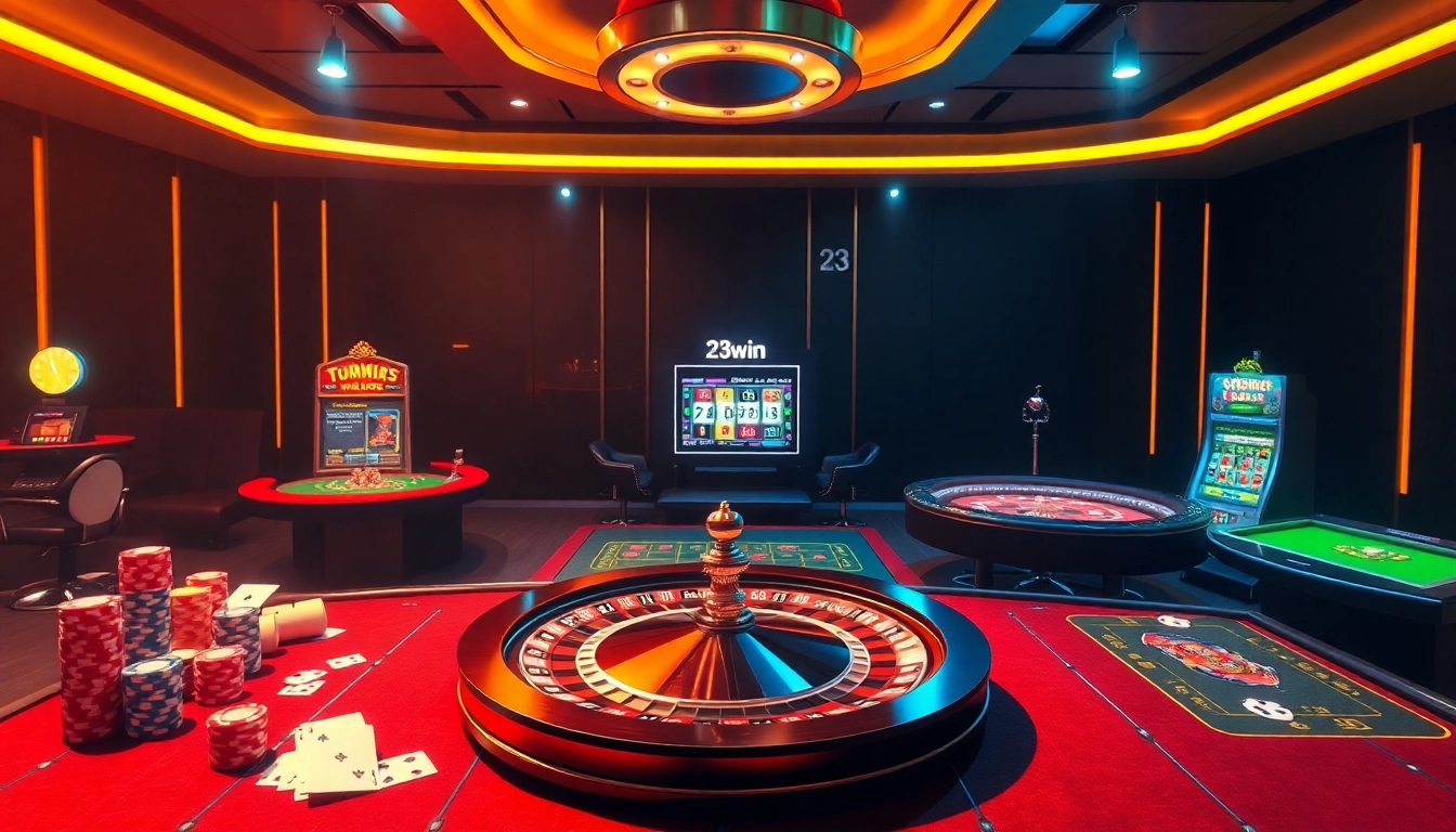 A dynamic scene showcasing the vibrant gaming atmosphere at 23win casino with roulette, poker, and slots.
