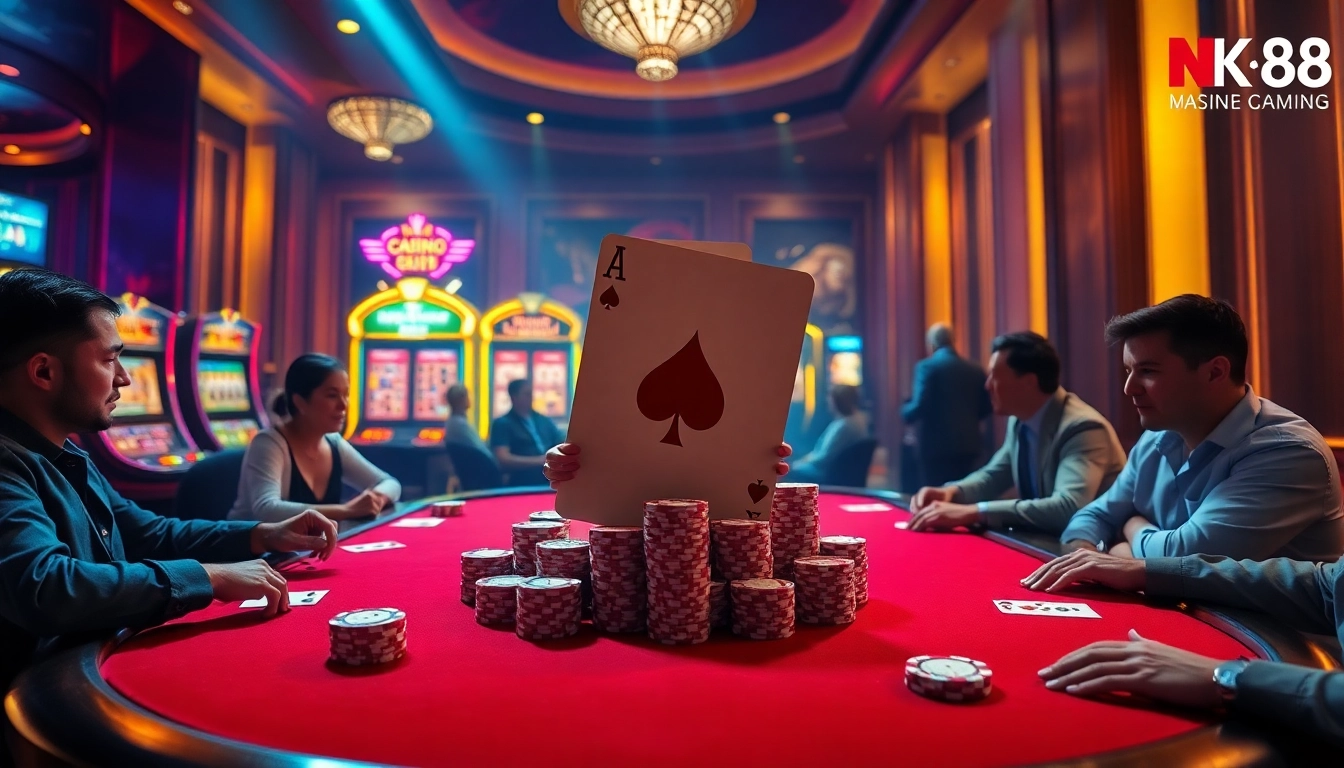 Players enjoying an engaging game at a luxurious poker table with a theme related to nk88 gaming.