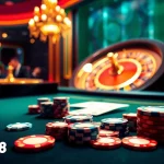 Experience the excitement at FLY888 casino with vibrant tables, chips, and roulette.