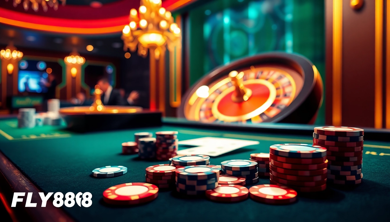 Experience the excitement at FLY888 casino with vibrant tables, chips, and roulette.