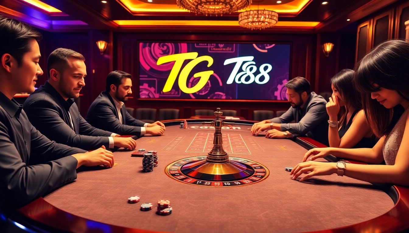 Players enjoying a high-stakes game at the TG88 casino table with luxurious elements.