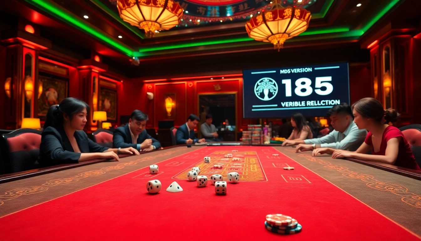 A thrilling scene of players engaging in tài xỉu md5 at a luxurious casino, showcasing vibrant colors and exciting gameplay.