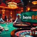 Exciting casino scene with bem88 branding and players engaging in strategic gameplay