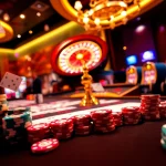 Experience the thrill of xin88 gaming with vibrant casino tables, poker chips, and roulette wheels.