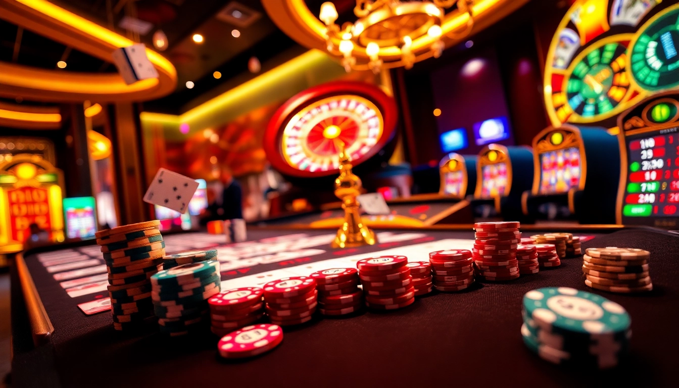 Experience the thrill of xin88 gaming with vibrant casino tables, poker chips, and roulette wheels.