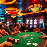 Gamblers playing high-stakes poker at five88 casino with colorful chips and cards.