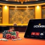 LUCKYWIN casino scene showcasing poker chips and a roulette wheel in a lavish setting.