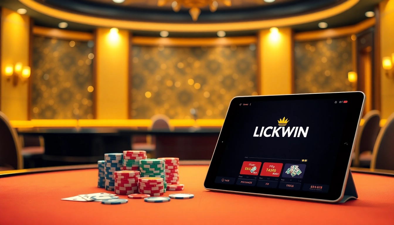 LUCKYWIN casino scene showcasing poker chips and a roulette wheel in a lavish setting.
