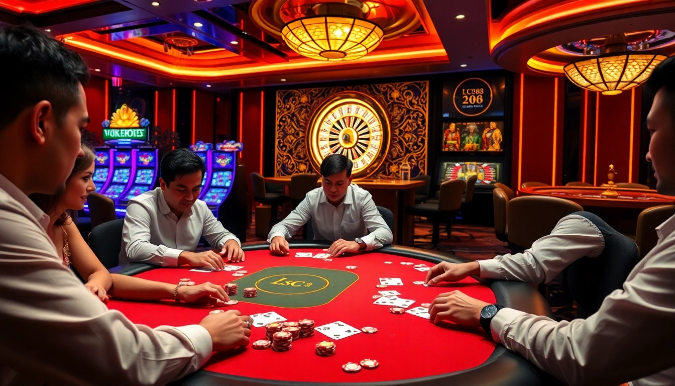 Players enjoying a lively poker game at LC88 casino with vibrant chips and cards.