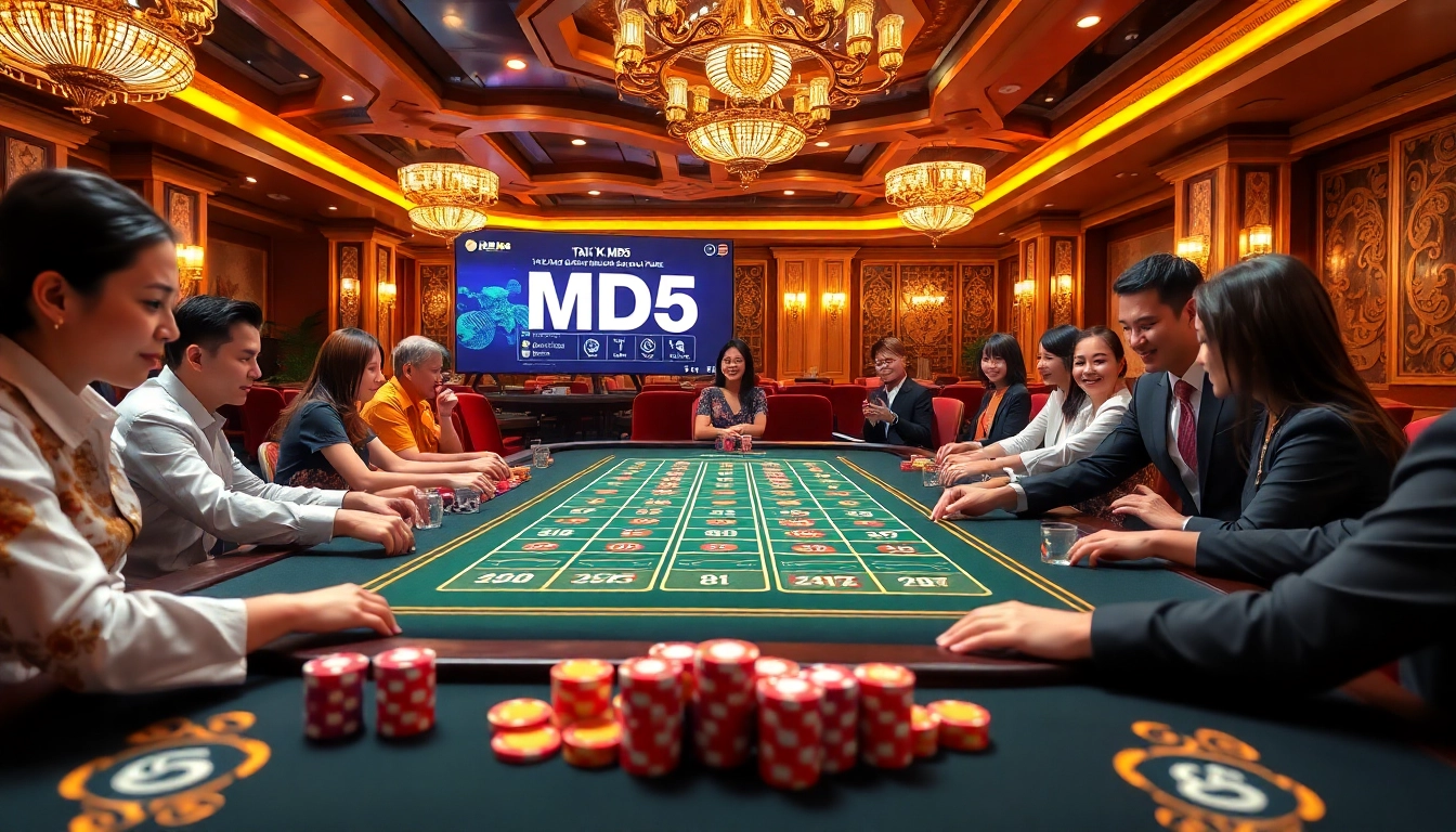 Tai Xiu MD5 players betting on vibrant casino tables with dice and poker chips.