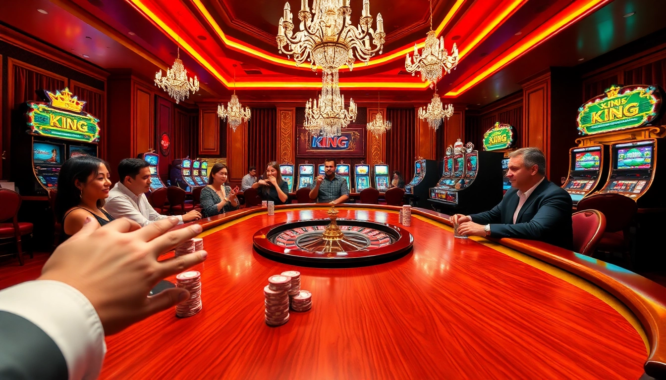 Experience the thrilling gameplay at King 88 with an exciting casino scene filled with vibrant slot machines and a roulette wheel.