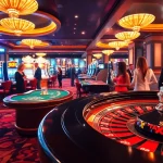 SUNWIN casino setting with vibrant tables and excited players celebrating wins.