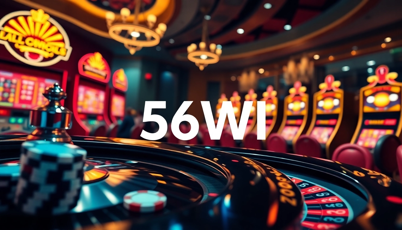 Engage in thrilling gameplay at 56WIN with vibrant slot machines and poker chips in an exciting casino scene.