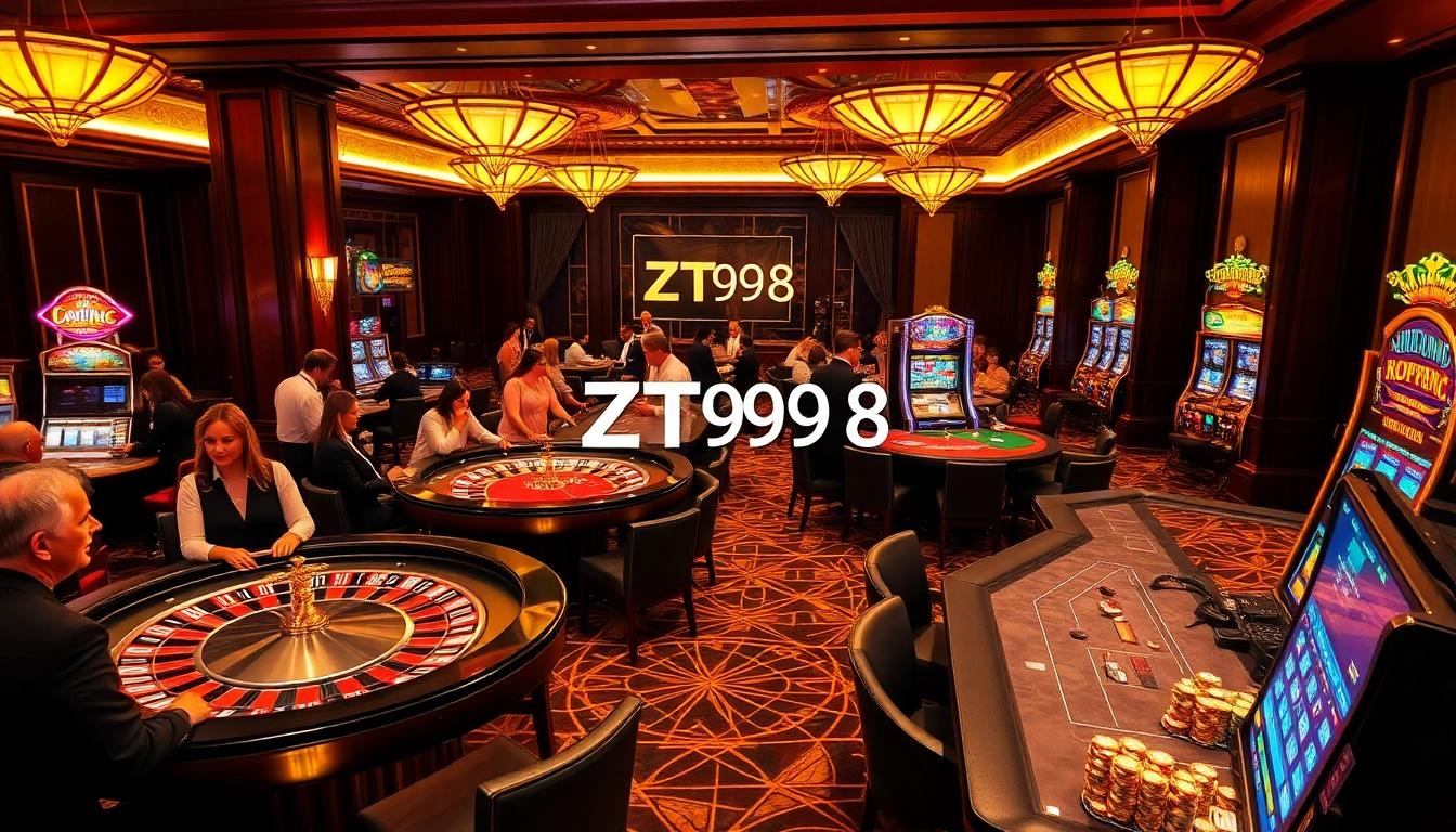 Players enjoying strategic casino games at ZT9398, surrounded by vibrant tables and slot machines.