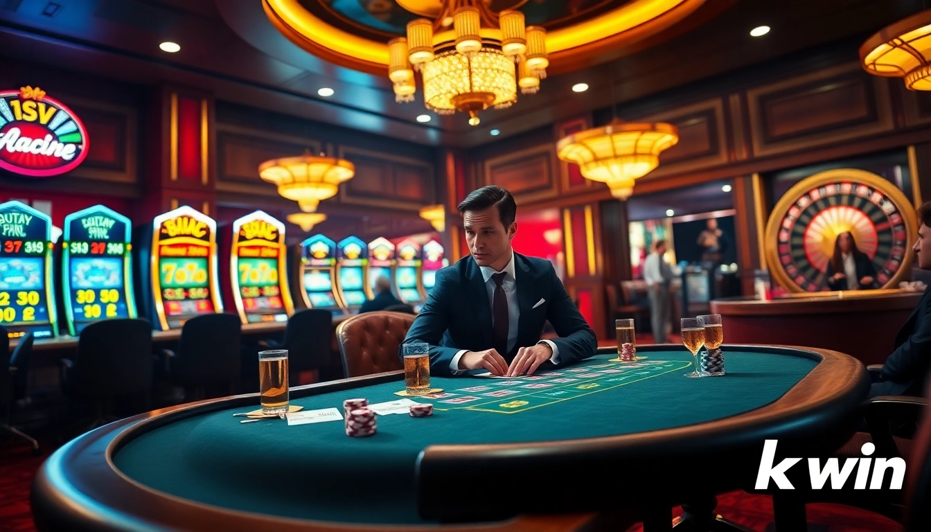 Experience the thrill of gambling at Kwin with a vibrant casino scene featuring poker players and slot machines.