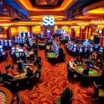S8 casino's vibrant gaming environment with poker tables, colorful chips, and excited players.