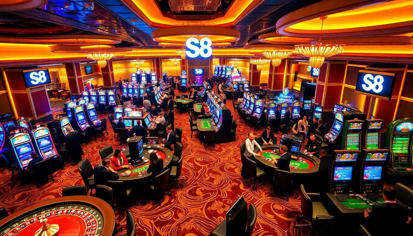 S8 casino's vibrant gaming environment with poker tables, colorful chips, and excited players.