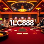 Engaging blackjack scene at LC88 casino with vibrant slot machines and elegant decor.