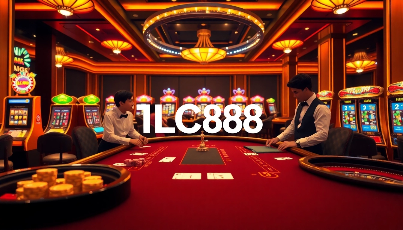 Engaging blackjack scene at LC88 casino with vibrant slot machines and elegant decor.