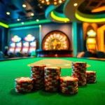 KUBET77 gaming table with poker chips and spinning roulette wheel in a luxurious casino ambiance