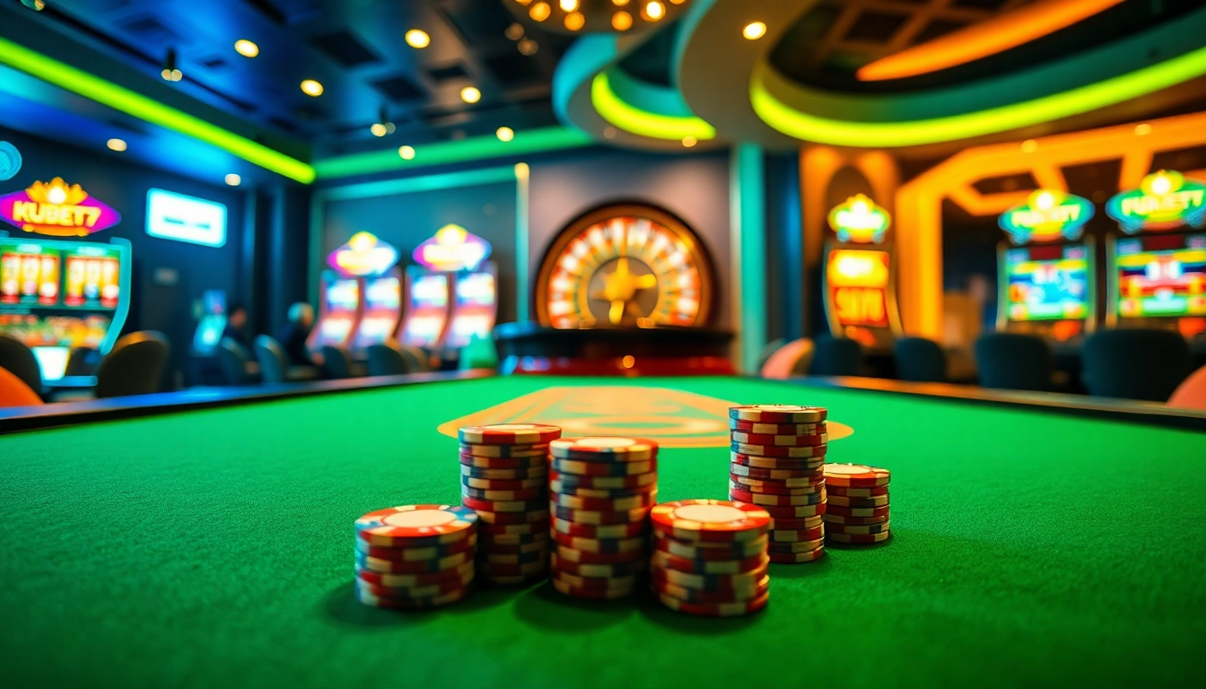 KUBET77 gaming table with poker chips and spinning roulette wheel in a luxurious casino ambiance