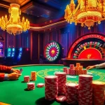 Exciting high-stakes poker action with players focused at the lc88 casino table, vibrant chips, and roulette wheel in view.